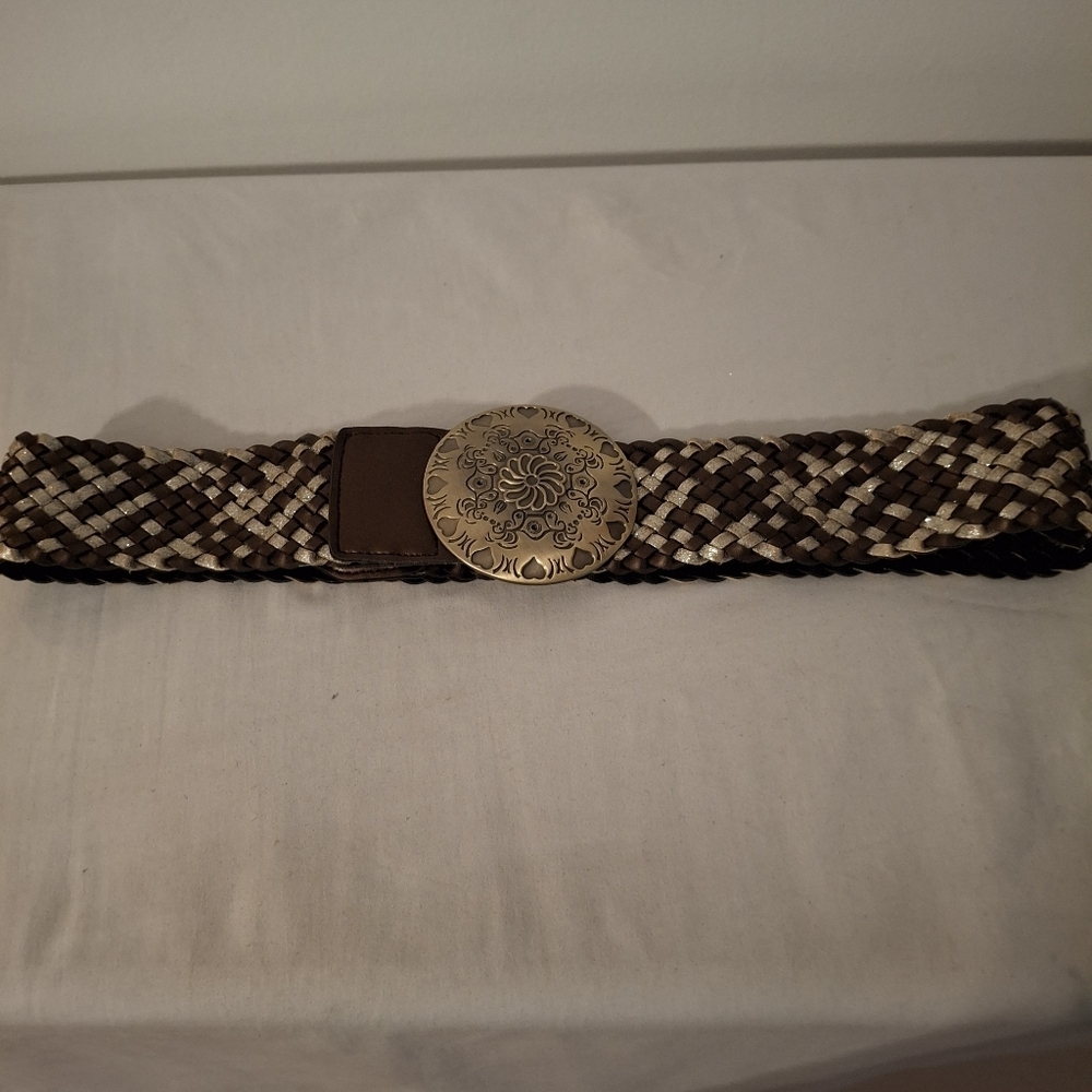 Southwestern Concha Women's Brown And Gold Woven Leather Belt with Gold Buckle